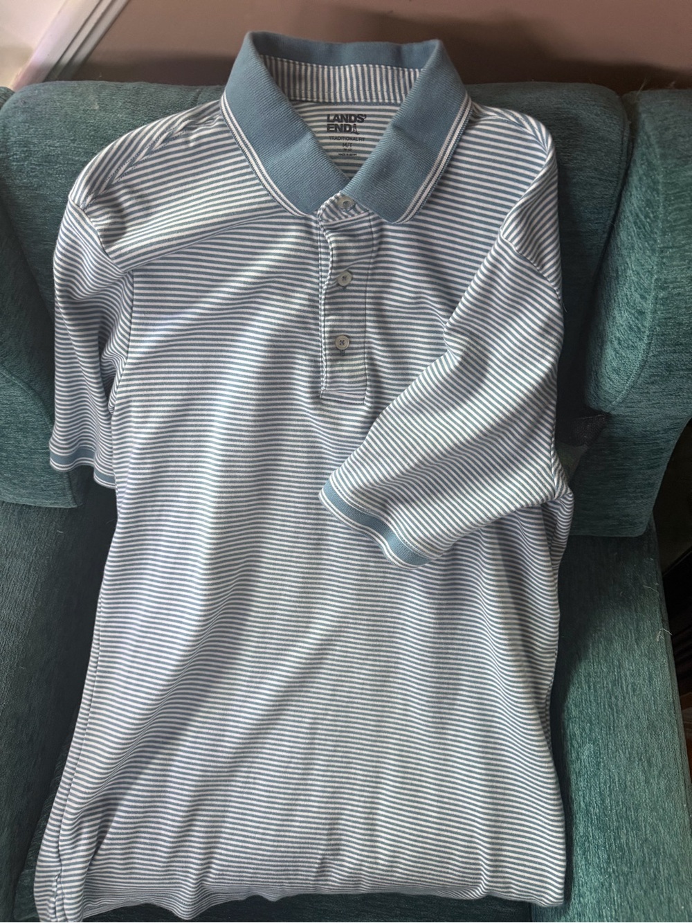 Lands' End Men's Light Blue and White Striped Polo